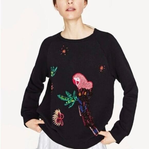 Zara Sweaters - Zara Black Sequin Parrot Holiday Embroidered Sweater Women’s XS Tropical